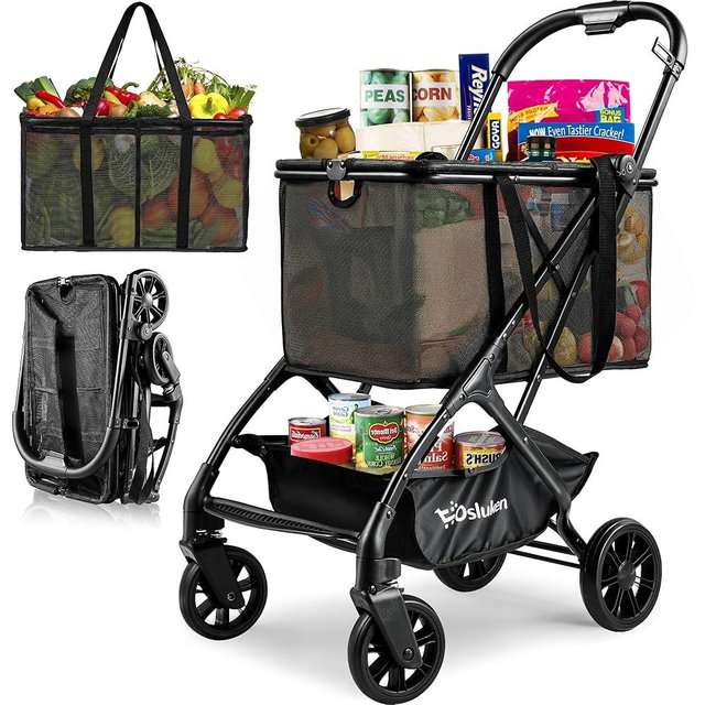 Keoslpy Upgraded Folding Shopping Cart with Wheels, 75Lbs Collapsible Grocery Cart with Removable Basket&360° Wheels, One-Click Folding, Personal Portable Shopping Cart for Groceries, Laundry, Camping