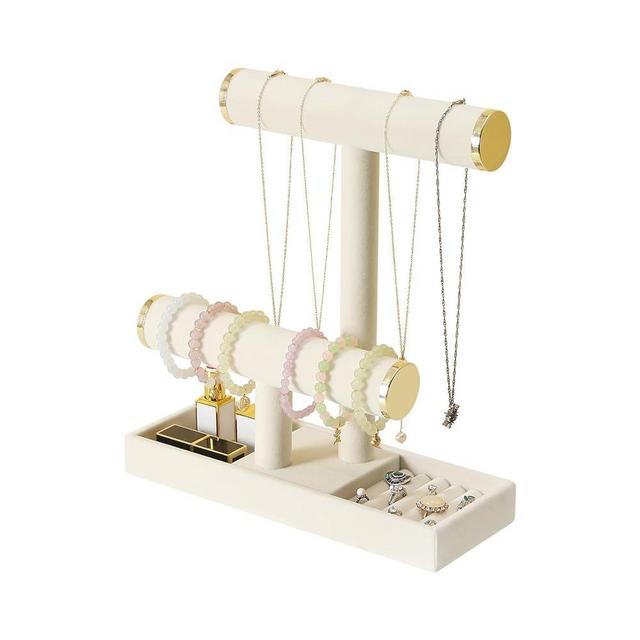 Pangkeep Jewelry Holder Stand,2 Tier Necklace Bracelet Organizer with Tray,Jewelry Displays for Selling Bangles Scrunchie Hair ties Watches and Chains,Beige Velvet.