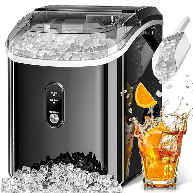 Nugget Ice Maker Countertop with Self-Cleaning Function, Sonic Ice Machine with Handle, Compact Design for Home Use(Black)