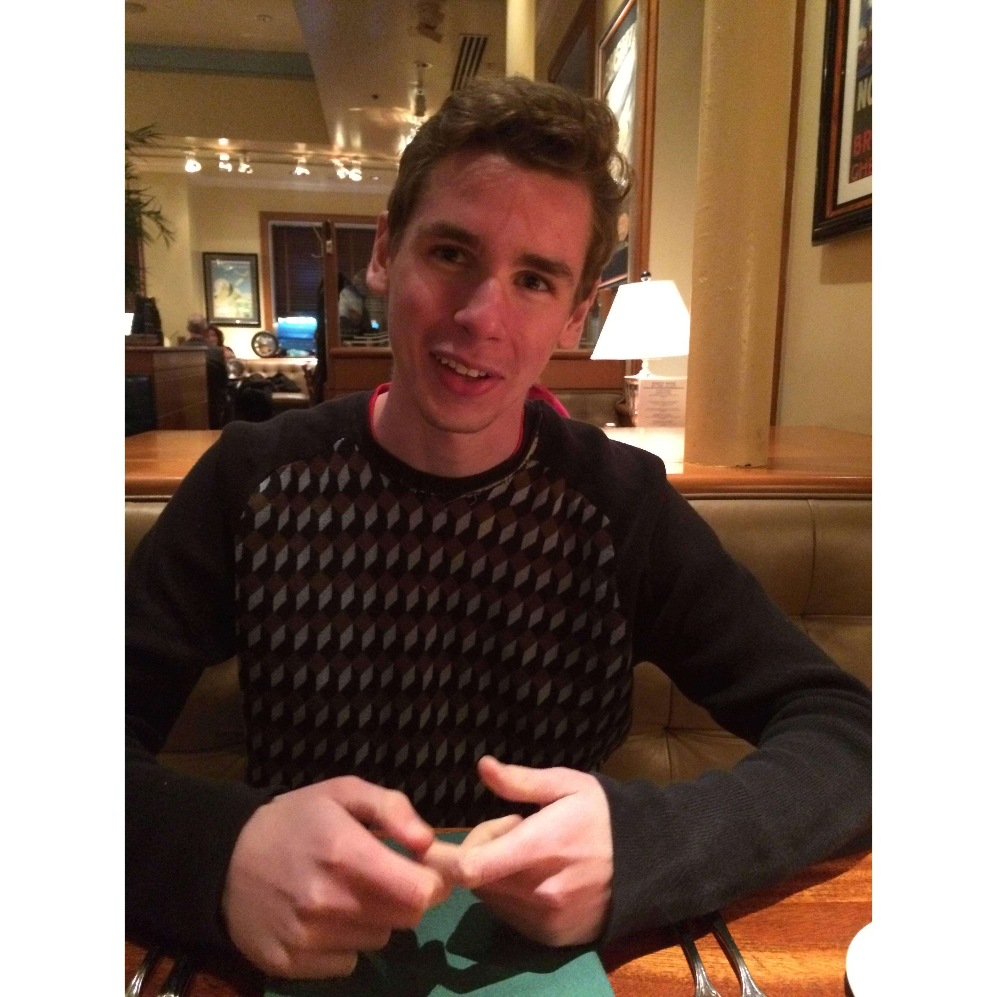 Vince during the first dinner date with Olivia at Clyde's of Chevy Chase in 2014. Shortly after Olivia and Vince were officially together, Olivia gently suggested this sweater be permanently retired.