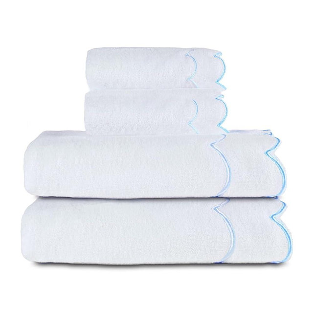 RRBXIA 4 Set 100% Cotton Bath Towels Set 2 Bath Towels 2 Hand Towels Embroidered Decorative Scalloped Towels Soft Cute Towel for Bathroom (Blue)