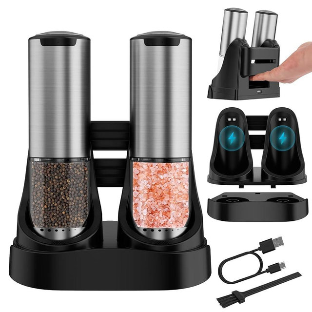 QTDHG Electric Salt and Pepper Grinder Set Type-C Fast Charging, Automatic Salt and Pepper Shakers Adjustable Coarseness, Stainless Steel Rechargeable Salt and Pepper Grinder with LED Light
