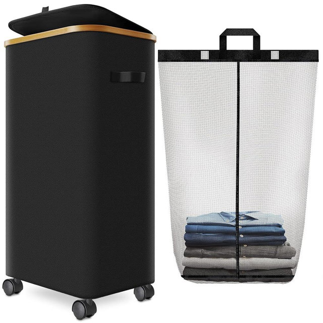 Laundry Hamper with Wheels,29 Gal (110L) Laundry Basket with lid Rolling Clothes Hamper Foldable Dirty Clothes Basket on wheels with Bamboo Frame and Bag for Bedroom, Dorm, Laundry Room-Black