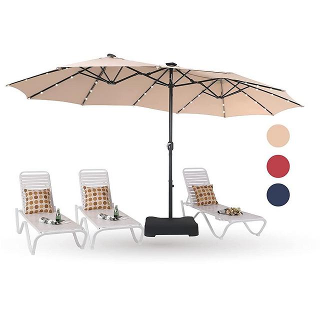 PHI VILLA 15ft Large Patio Umbrella with Solar Lights, Double-Sided Outdoor Market Rectangle Umbrellas with 36 LED Lights, Umbrella Base (Stand) Included, Beige