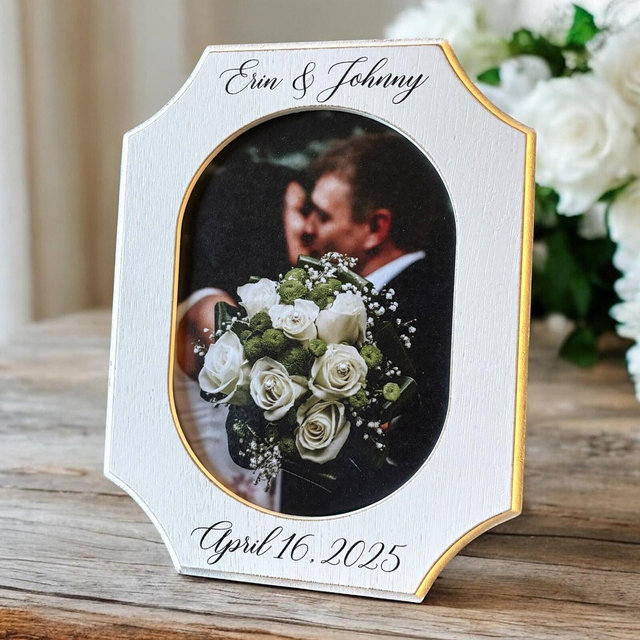 Personalized Wedding Photo Frame: Rustic White Wood, Custom Names & Date