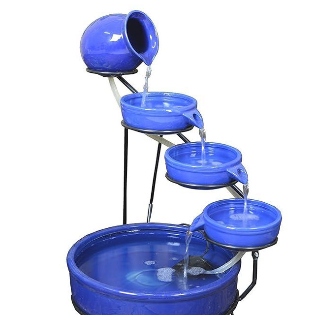 ASC Cascade Ceramic Solar Water Fountain Bowls 5 Tierd with Panel Pump Cascading Garden Decoration Bird Iron Frame (Blue Daytime)