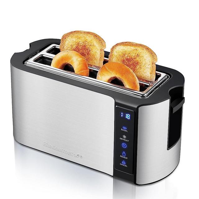 Elite Gourmet ECT5322 Long Slot 4 Slice Toaster, Countdown Timer, Bagel Function, 6 Toast Setting, Defrost, Cancel Function, Built-in Warming Rack, Extra Wide Slots for Bagels Waffles, Stainless Steel