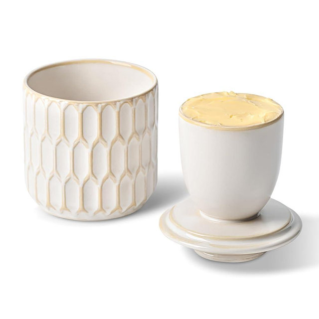 Butter Crock for Counter with Water Line and lid, Ceramic Butter Keeper for Spreadable Soft Butter, Container Holder for Kitchen and Home Decor, Beige