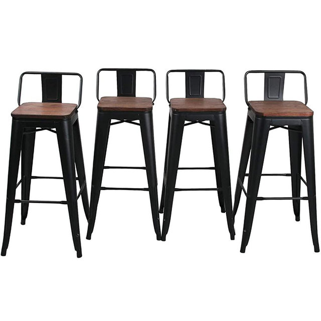 HAOBO Home 30" Low Back Barstools Metal Stool with Wooden Seat [Set of 4] Counter Height Bar Stools, Matte Black