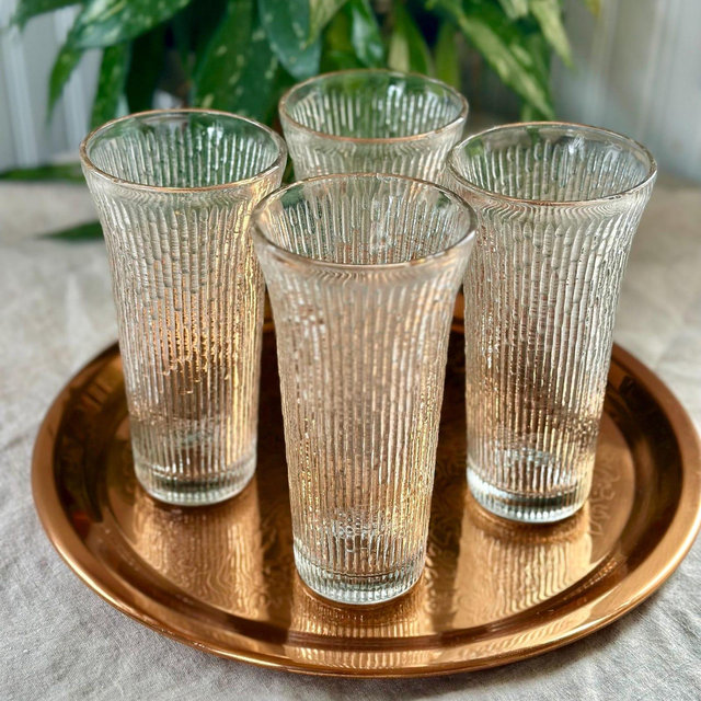 Vintage Jeanette Glass Finlandia Tree Bark Tumblers, Set of 4, Clear Mid Century Water Glasses, Iced Tea