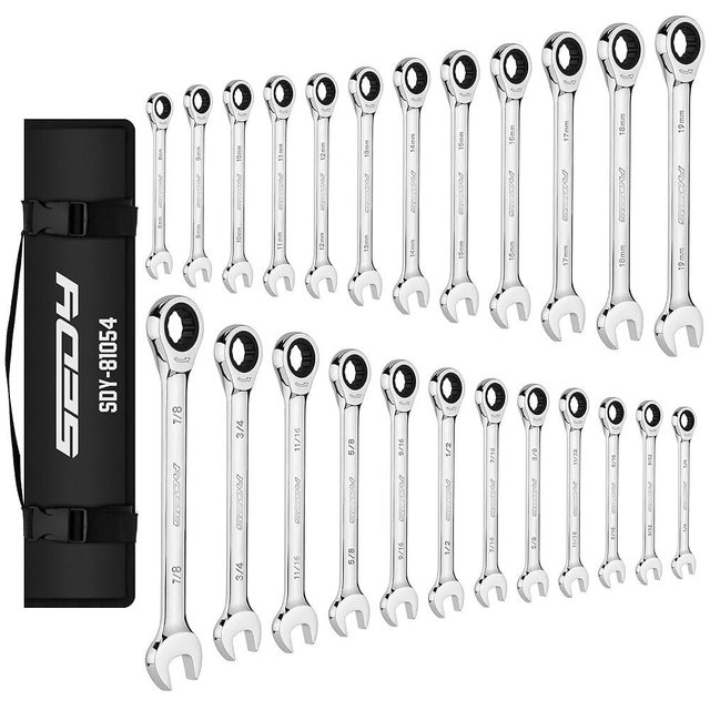 Ratchet Wrench Set Metric Standard: 24-Piece Combination Ratcheting Wrenches Set, Sturdy Chrome Vanadium Steel Construction, Metric & SAE, 8-19mm 1/4-7/8, 72-Tooth Precision Mechanic Tool Kit