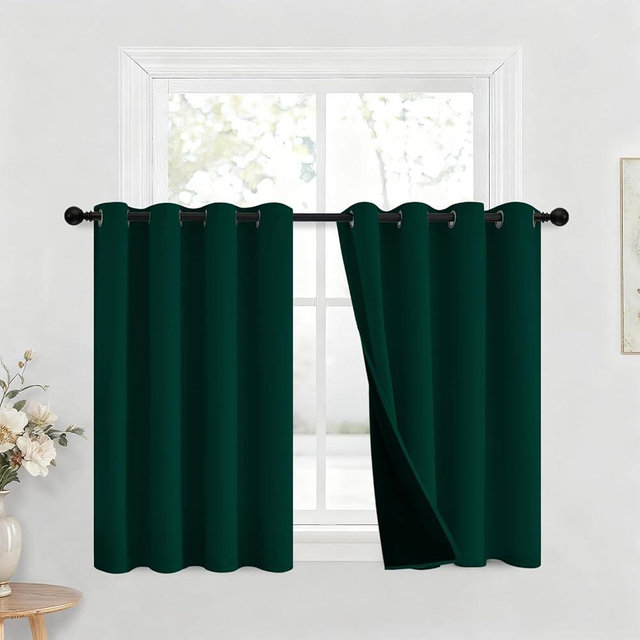 Yakamok 100% Blackout Curtains for Bedroom 36 Inch Length, Emerald Green Total Light Blocking Drapes with Black Backing, Thermal Insulated Solid Grommet Panels for Kitchen, 52Wx36L, 2 Panels