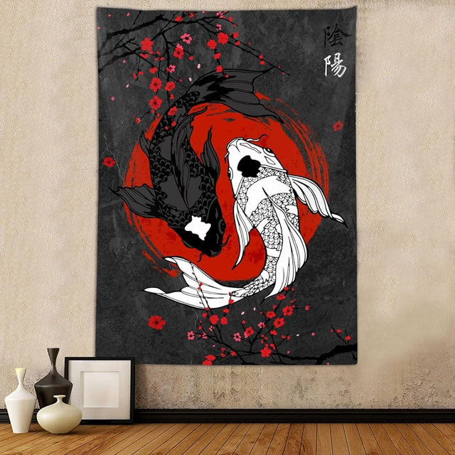 Sanzugh Japanese Yin Yang Koi Fish Tapestry, Cool Red and Black Anime Sakura Art Tapestries Vertical Wall Hanging for Men Bedroom Living Room Office Decor 40X60, Asian Cherry Blossoms Posters