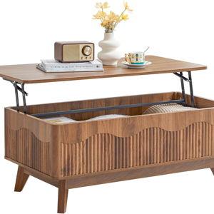 BERRYMERRY Lift Top Coffee Table with Hidden Storage, Farmhouse Fluted Coffee Table with Wave Profile, Rising Top Rectangular Center Table for Living Room (Walnut)