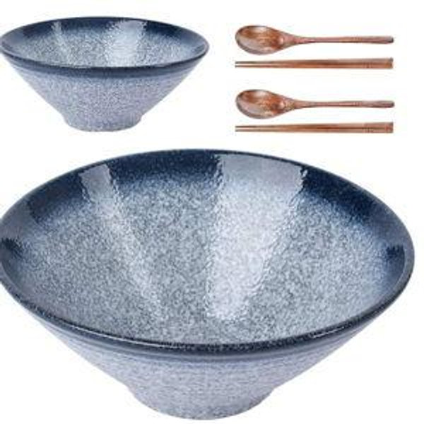Lareina Ceramic Japanese Ramen Bowls, 2 Sets (6 Piece) 60 Ounce, Large Noodle Soup Bowl with Matching Chopsticks and Spoons for Asian Pho Udon Soba, Blue