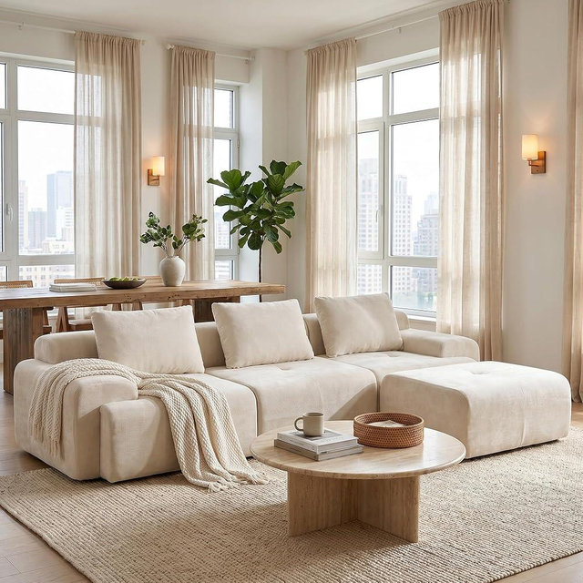 Mellolivin 120.5" Modular Sectional Sofa, Chenille Upholstered Boneless Couch, Modern Deep Seat Cloud Sectional Couches for Living Room, Oversized L-Shaped Couch with 1 Ottoman, No Assembly, Beige