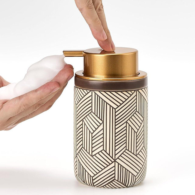GIRLUFO Brown Foaming Soap Dispenser,Foam Soap Dispenser Bathroom with Plastic Gold Soap Pump,Handmade Ceramic Foaming Hand Soap Dispenser for Kitchen,12oz Soap Dispenser for Hand Wash,Dish Soap