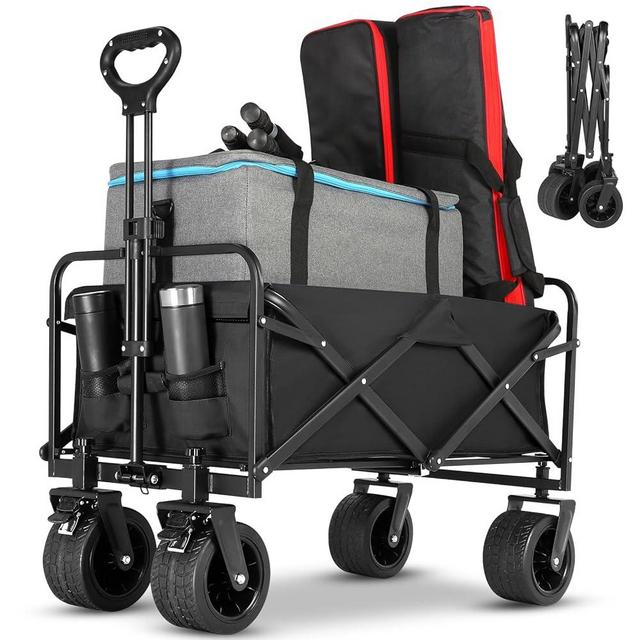 EVLIQUIL Collapsible Foldable Beach Wagon,Folding Wagon Cart with Big Wheels,Utility Grocery Lounge All Terrain Wagons carts Foldable with Brakes for Sand Camping Sports Outdoor(Deep Black).