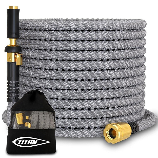 TITAN Garden Hose 50FT | NON-EXPANDING Durable, Flexible, Ultra Lightweight, Extra Strength Fabric Hybrid Water Hose, Heavy Duty Brass Connectors, With Jet Nozzle For Home, Marine, RV