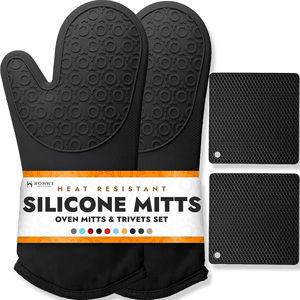 BPA-Free Soft Silicone 4 Piece Oven Mitts & Trivets Set - Ultra Heat Resistant Oven Mitts with Thick Cotton Liner - Long Slip Resistant Pot Holders, Flexible Oven Gloves - Black