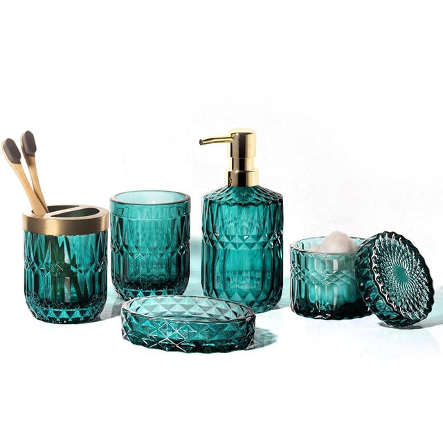 EMPO 6PCS Bathroom Clear Glass Accessories Set (Lotion Soap Dispenser, Soap Dish, Toothbrush Holder, Tumbler, Cotton Swab Jar), Contemporary Modern Decor Crystal Vintage Gift (6pcs Ocean Teal Blue)