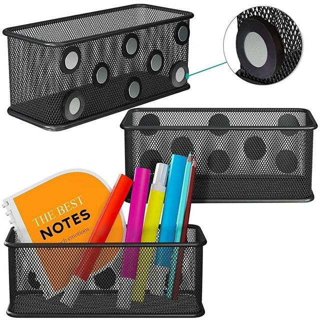 Mesh Magnetic Storage Baskets - Set of 3 (Black) with Anti-Slip Feature and Strong Magnets - Magnetic Locker Organizer and Pencil Holder for Whiteboard and Refrigerator (Rectangular type)