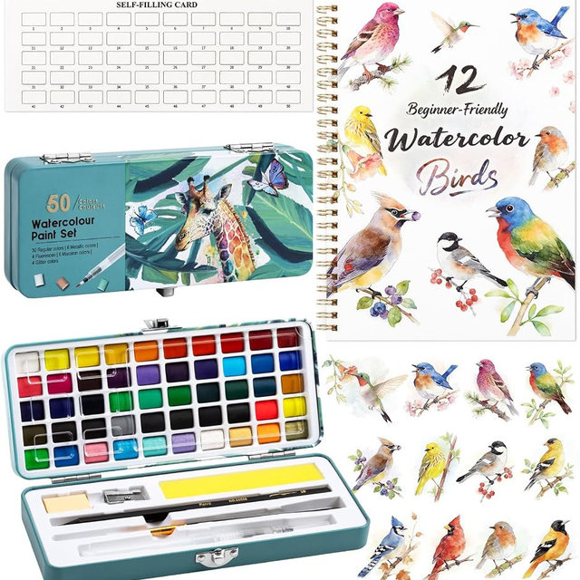 Watercolor Workbook Birds, Water Coloring Book, 12 Different Patterns of Original DIY Designs, 50 Colors Watercolor Paint Set with Palette and Brush, Beginner-Friendly Watercolor Workbooks (Birds)
