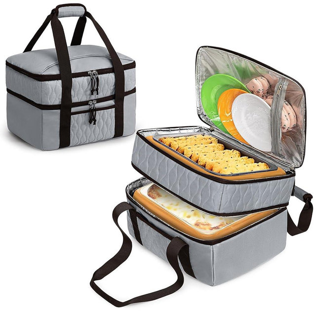 Trunab Insulated Casserole Carrier Bag for Hot Food, Double Deck Food Containers, Fit 9x13 Foil Pan, Baking Dish, For Picnic Cookouts, Potluck Parties, Beach