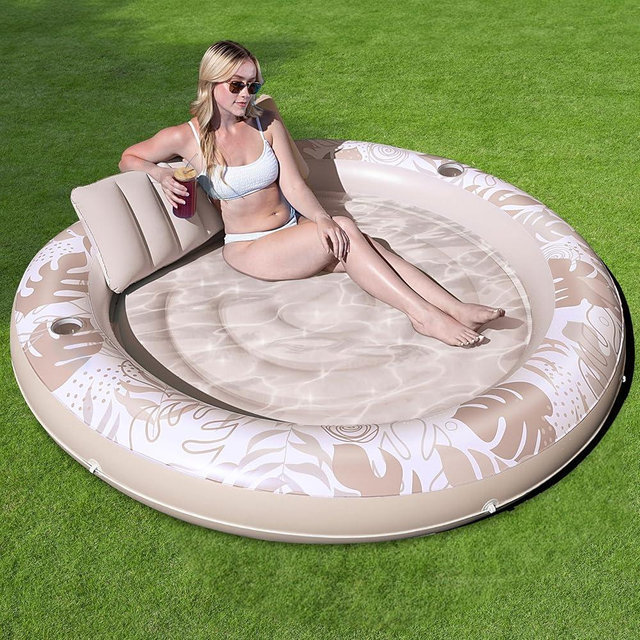 SLOOSH Inflatable Tanning Pool Lounger Float,72" x 65" Pool Floats Adult with Pillow,Luxury Fabric Large Suntan Tub Raft Floatie,Sunbathing Bed Lounge for Water Blow Up Party Gifts,Champagne