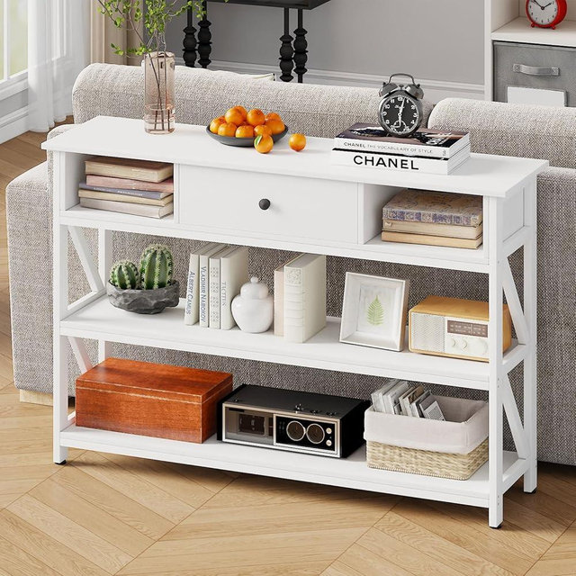 Mexin Console Table with Drawer Shelves, Entryway Table with 3 Tier Storage Shelves, Industrial Wood Hallway Sofa Table for Living Room, Couch, Foyer, Kitchen Counter, 47 Inch White