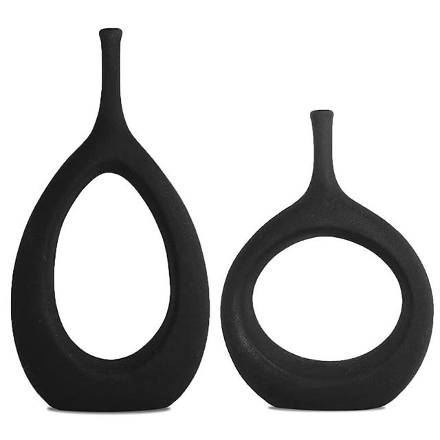 SANFERGE Set of 2 Black Ceramic Flower Vase, Hollow Oval Vase for Home Décor Office Decoration, Modern Geometric Vases Figurines Ornament for Living Room Bedroom Dining Table