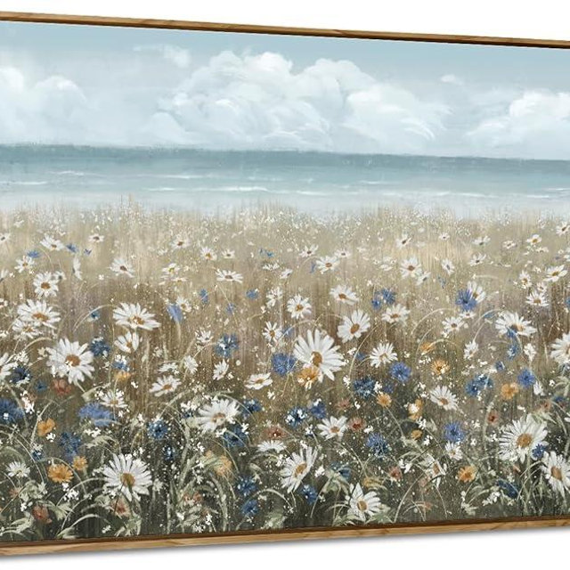 Large Wall Art for Living Room Framed Boho Beach Coastal Floral Ocean Wall Picture Farmhouse Daisy Flower Sea Canvas Print Nautical Neutral Vintage Warm Artwork Home Bedroom Office Décor 48x24