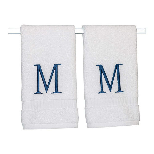 Monogrammed Hand Towels for Bathroom - Luxury Hotel Quality Personalized Initial Decorative Embroidered Bath Towel for Powder Room, Spa - GOTS Organic Certified - Set of 2 Navy Letter M