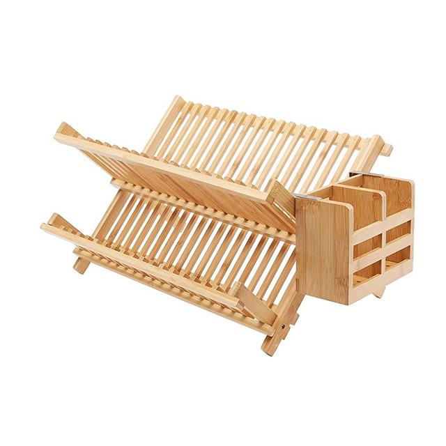 Amazon Basics Folding 2-Tier Bamboo Dish Drying Rack with Utensil Holder - Collapsible, Natural