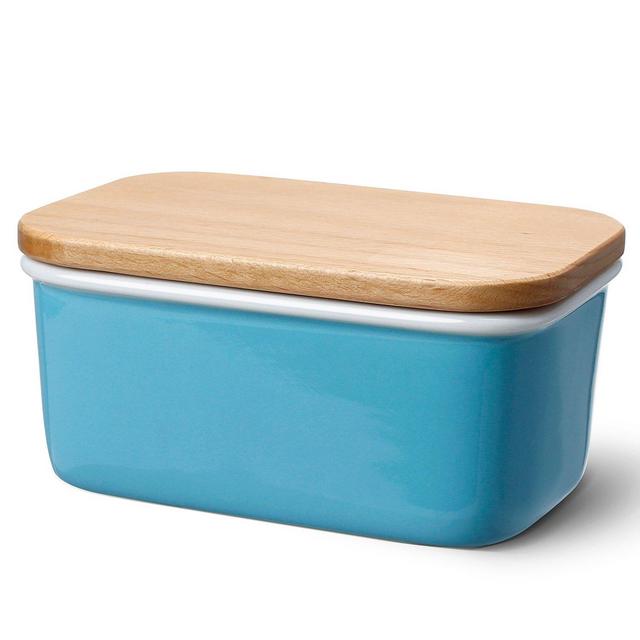 Sweese 301.107 Large Butter Dish - Porcelain Keeper with Beech Wooden Lid, Perfect for 2 Sticks of Butter, Steel Blue