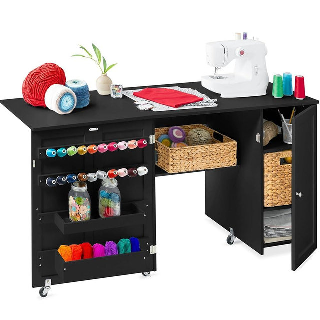 Best Choice Products Large Folding Sewing Table, Multipurpose Portable Craft Station & Side Desk w/Compact Design, Caster Wheels, Storage Shelves, 2 Storage Trays, Magnetic Doors - Black