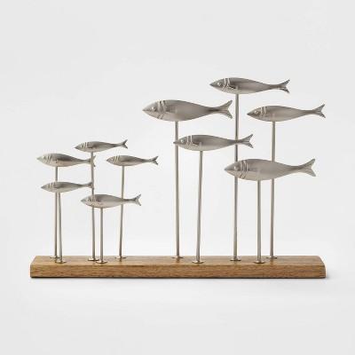 13.6" x 9.2" Decorative Metal Fish on Wood Stand Silver/Brown - Threshold&#153;