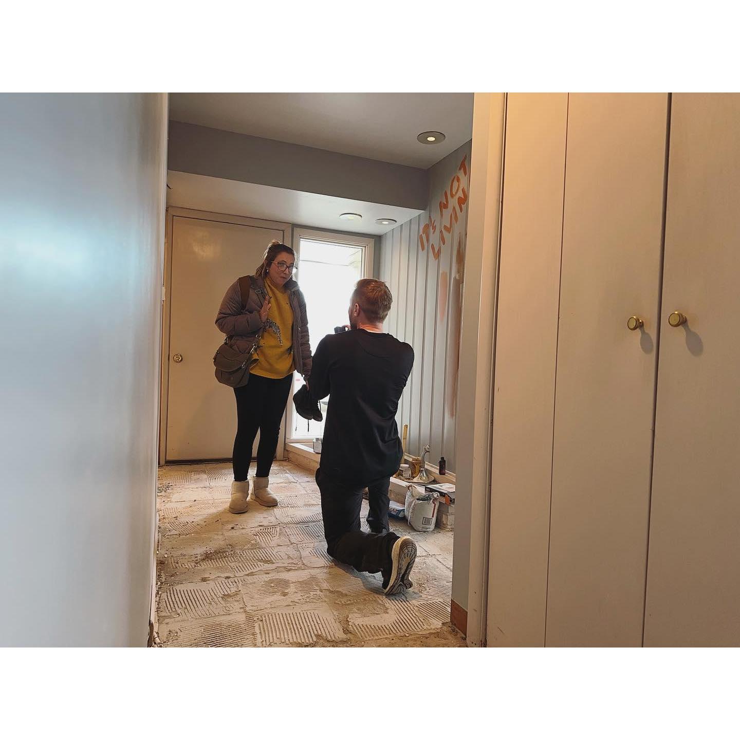 "Clean out the garage after work" day, while renovating our new home. To Bridget's surprise, the work was done, and she said YES. October 30th, 2023.