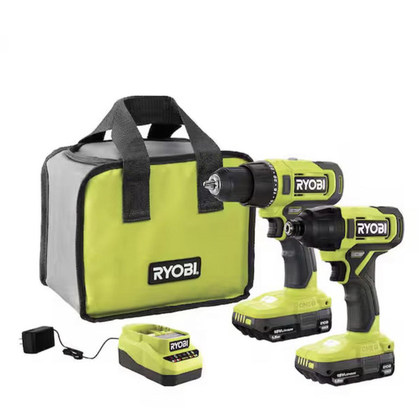 RYOBI ONE+ 18V Cordless 2-Tool Combo Kit with Drill/Driver, Impact Driver, (2) 1.5 Ah Batteries, and Charger PCL1200K2