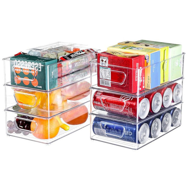 SuoXing Fridge Organizer Bins,6 Pack Stackable Clear Plastic Refrigerator Organizer Bins for Kitchen,Pantry Cabinet Food Storage Container with Handle for Packets,Snacks,Fruit,Soda,Spice Packets