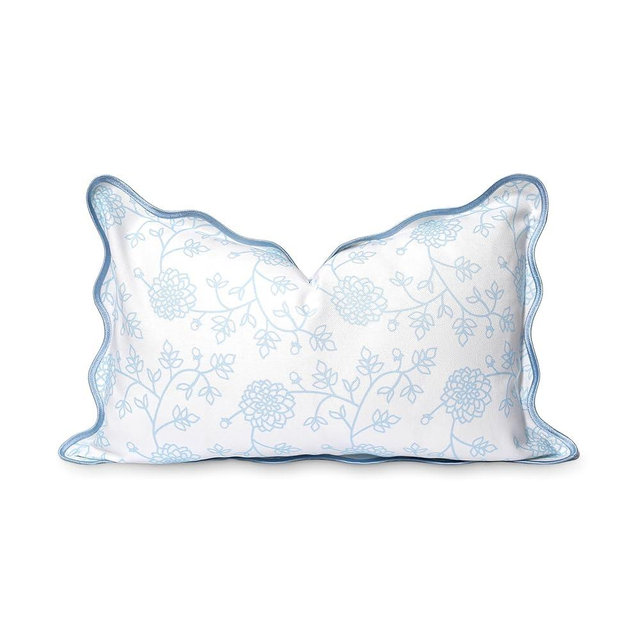 Hofdeco Premium Coastal Patio Indoor Outdoor Scalloped Lumbar Pillow Cover Only, 12"x20" Water Repellent for Backyard, Couch, Baby Blue Print Dahlia Floral