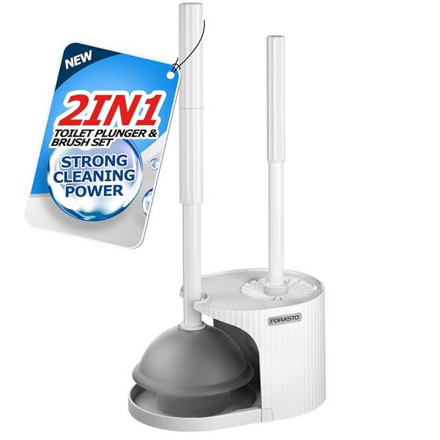 FORASTO 2 in 1 Toilet Plunger and Brush Set,Extended Handle Plunger，Toilet Bowl Brush Plunger Set,Bathroom Cleaning Tools,Toilet Bowl Brush and Holder,Cleaning Supplies,Bathroom Acessories，White