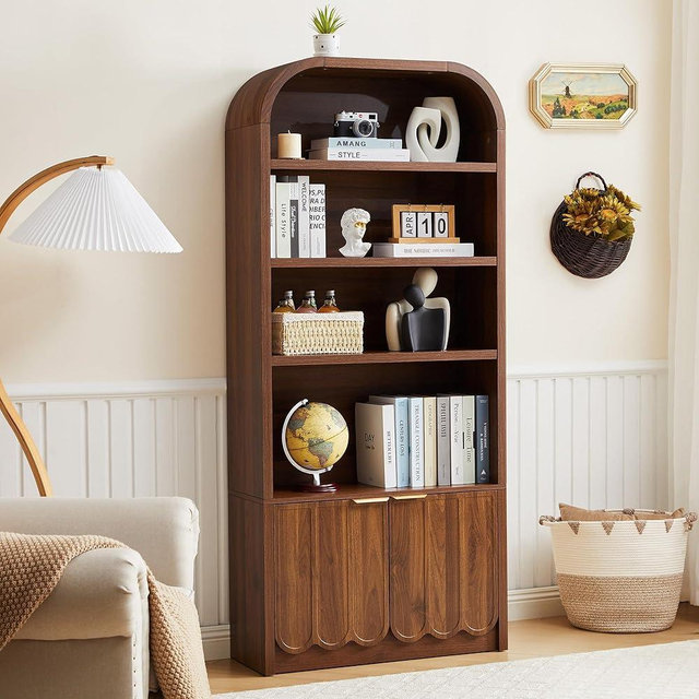 ORRD 70" Tall Arched Bookshelf with Storage Cabinet, Modern 4-Tier Wood Bookcase with Scalloped Doors & Gold Handles, Open Display Shelves for Living Room, Bedroom, or Home Study Office (Walnut)