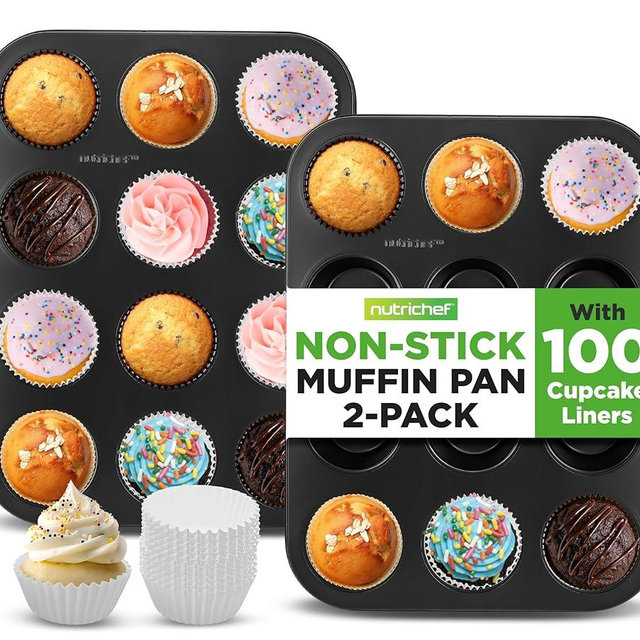 NutriChef Non-Stick 2-Piece 12 Cup Muffin Pans with 100 Parchment Cupcake Liners, Carbon Steel, Professional Grade Muffin Pans for Baking, Durable & Dishwasher Safe 13.7"x10.4"x1.1" Inch (Black)