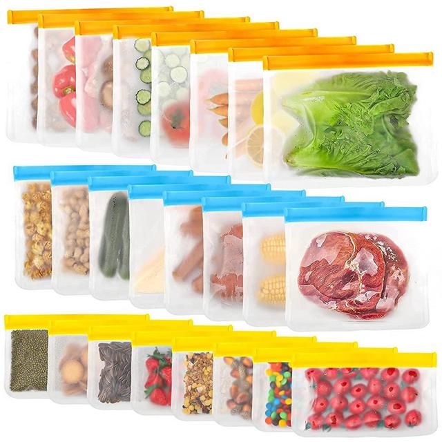 Reusable Storage Bags, 24 Pack BPA Free PEVA Reusable Freezer Bags,Reusable Gallon Bags, Reusable Sandwich Bags, Silicone Food Bags for Women, Men and Kids (24Pack-8 Large +8 Sandwich +8 Snack8)