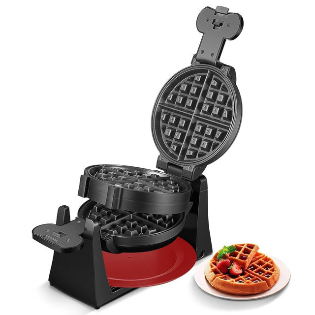Waffle Maker, 1400W Double Belgian Waffle Iron 180° Flip, 8 Slices in 3 Mins, Rotating & Nonstick Plates, Anti-Scald, Removable Drip Tray Easy to Clean, Cool Touch Handle, Space-Saving Storage (Red)