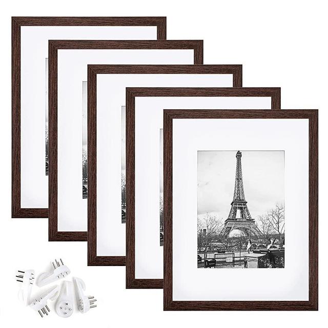 upsimples 9x12 Picture Frame Set of 5,Display Pictures 6x8 with Mat or 9x12 Without Mat,Wall Gallery Photo Frames,Dark Brown Woodgrain
