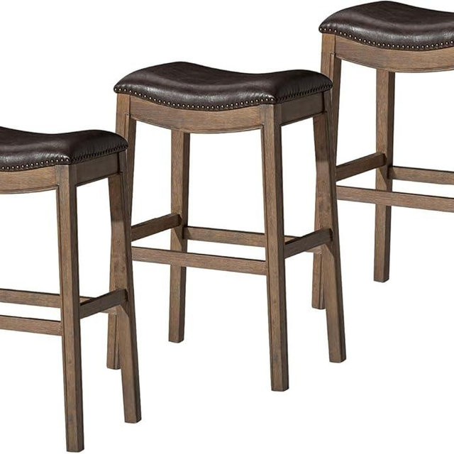 Maven Lane Adrien Backless Bar Stool – Set of 3 – 31 Inch Saddle Seat with Footrest – Brown Solid Wood Frame & Dark Brown Faux Leather Upholstery – Ideal for Bars, Pub Tables & Tall Kitchen Counters