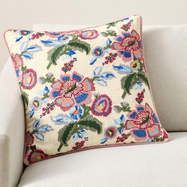 Maddie Floral Embroidered Pillow, 22", Ivory Multi