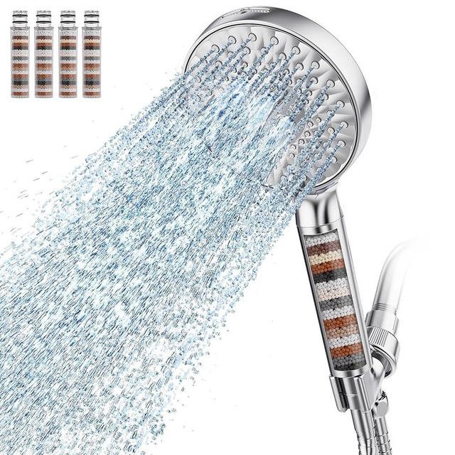 Filtered Shower Head with Handheld, High Pressure 9 Spray Mode Chrome Showerhead with 4 Filters, Detachable Shower Head, Water Softener Filters Beads for Hard Water - Remove Chlorine